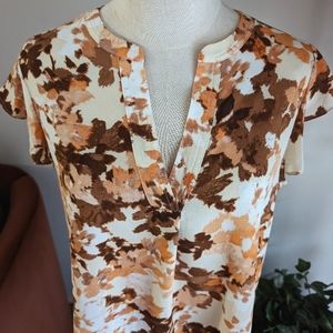 Calvin Klein Leafy Floral Brown And White Short Sleeve Blouse Sz M